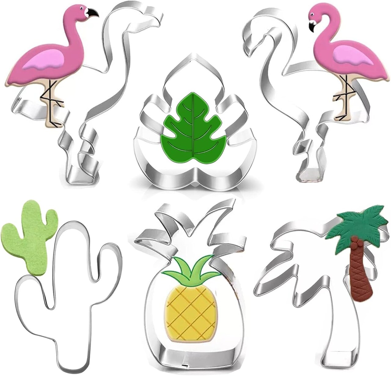 Hawaiian Cookie Cutter Set - 6 Piece: Cactus, Pineapple, Flamingo, Monstera Leaf, Palm Tree - Tropical Cookie Cutters for Summer Parties